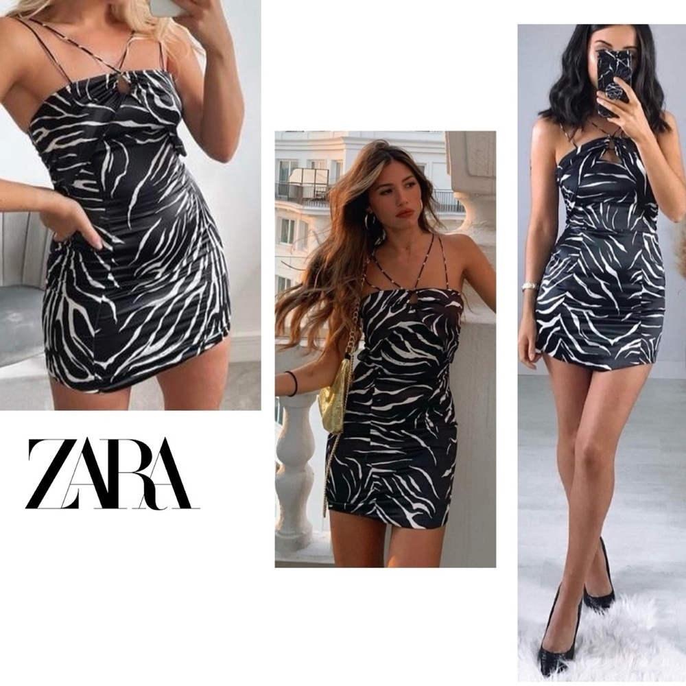 Zara black white zebra animal print strappy halter top mini dress Sz M NWOT